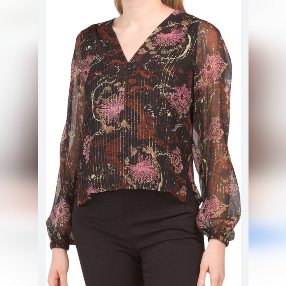 A.L.C. Mac Crinkle Silk Chiffon Floral V-Neck Top Sheer Sleeve Gold Size 14